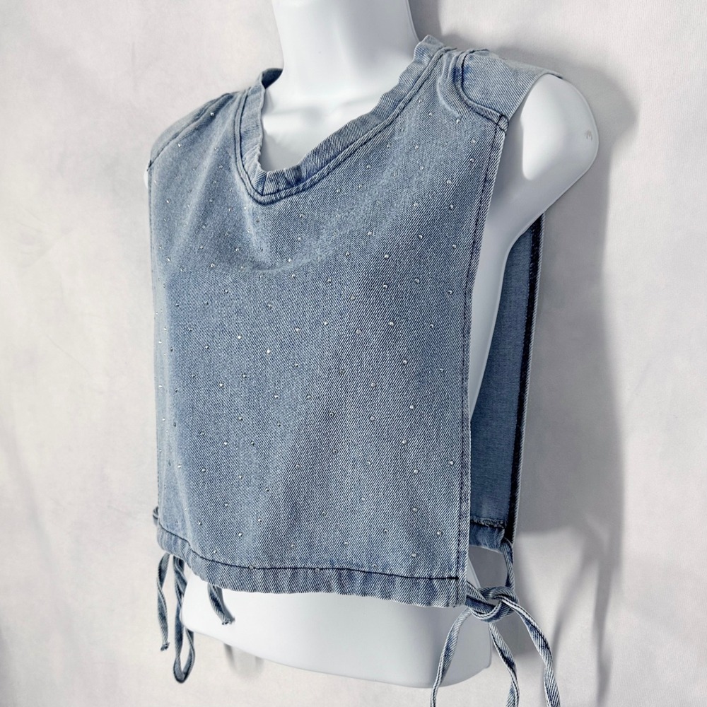 Aynaz Denim Rhinestone Open Side Tir Blue Cotton Crop Top Womens Size 36